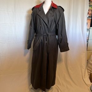 Charcoal, gray trenchcoat with red suede. Size large.